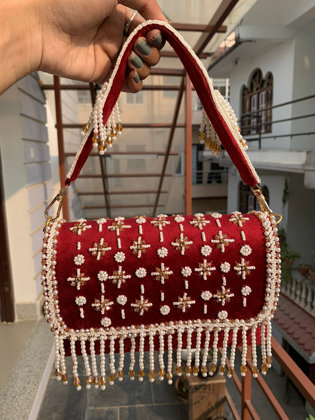 Velvet Pearl Fringe Clutch
