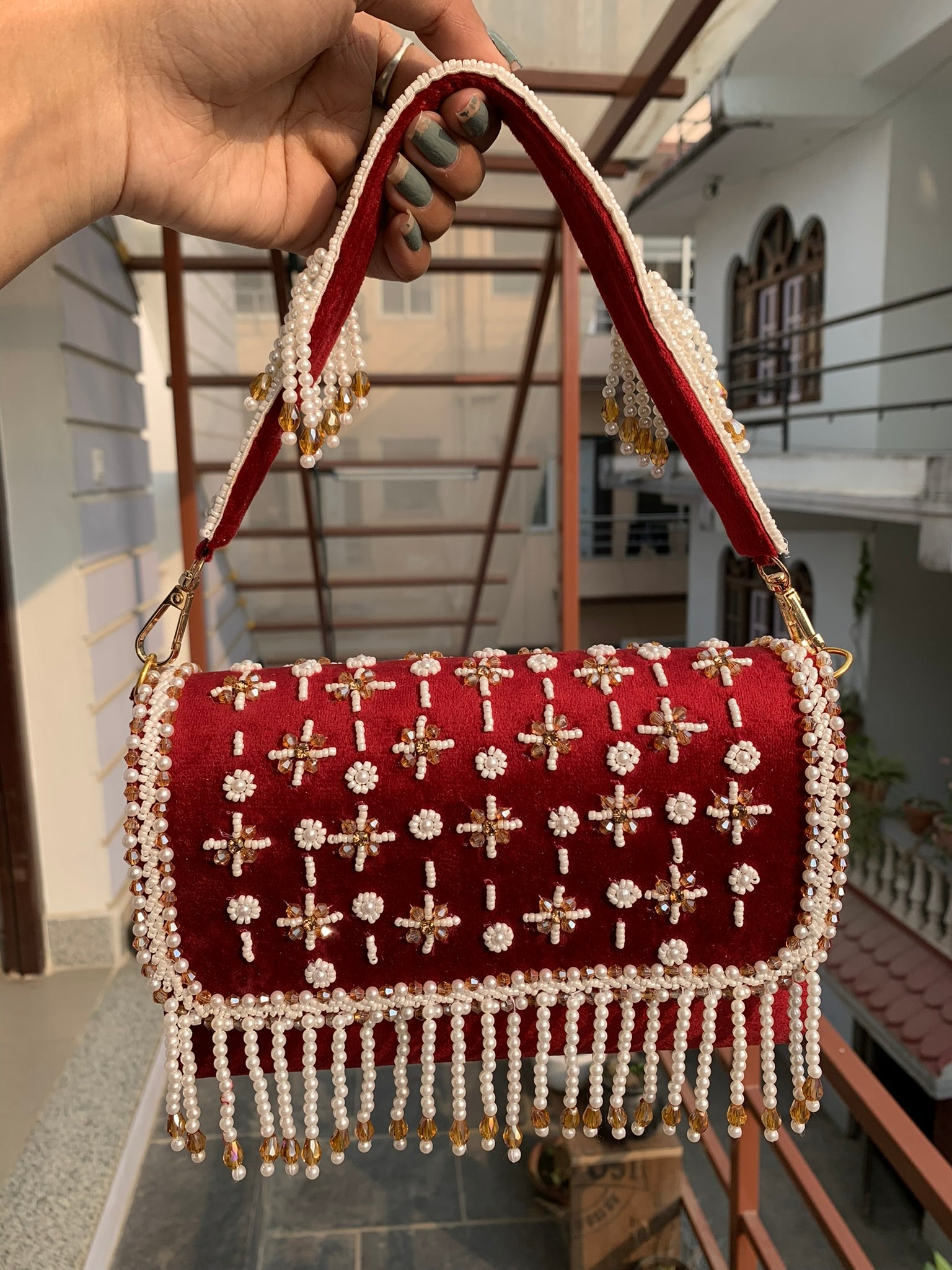 Velvet Pearl Fringe Clutch