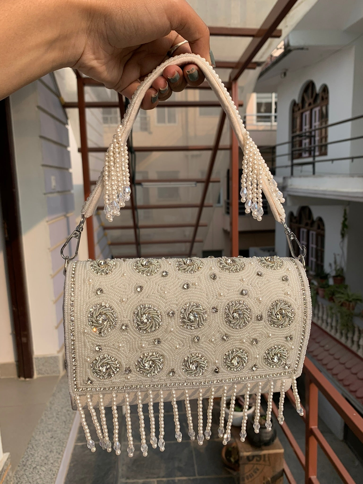 Ivory Pearl Swirl Fringe Bag