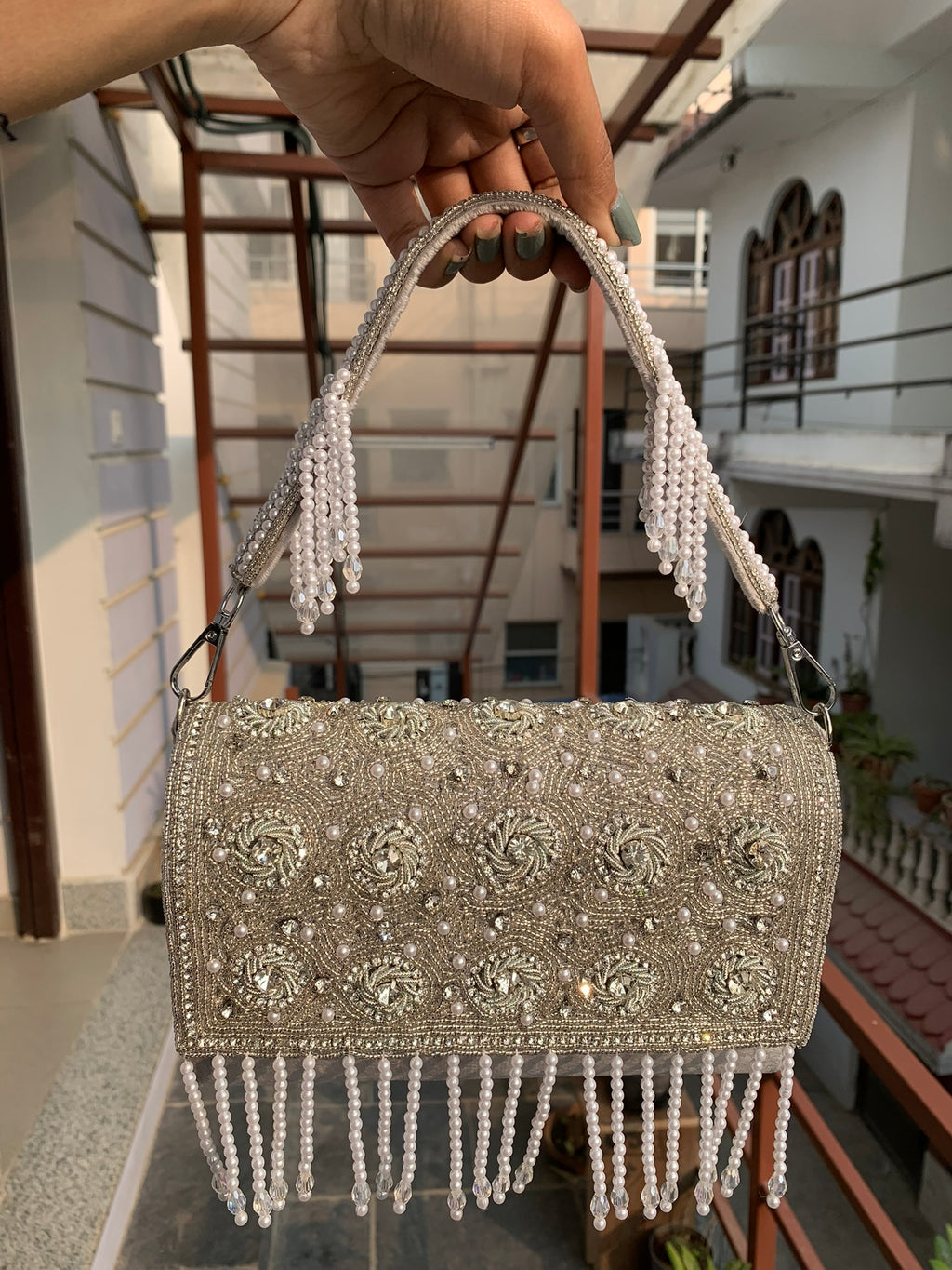 Ivory Pearl Swirl Fringe Bag
