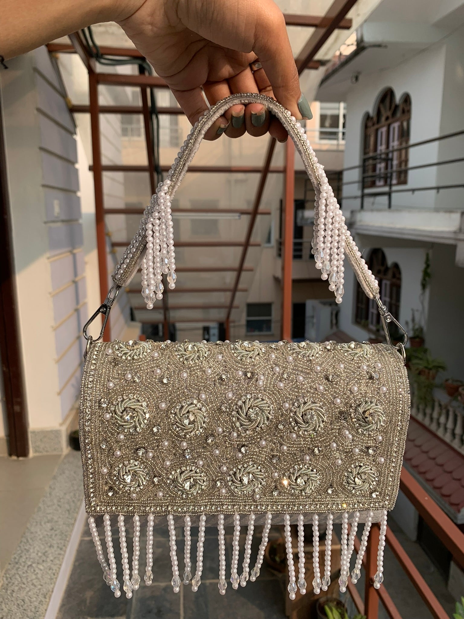 Ivory Pearl Swirl Fringe Bag