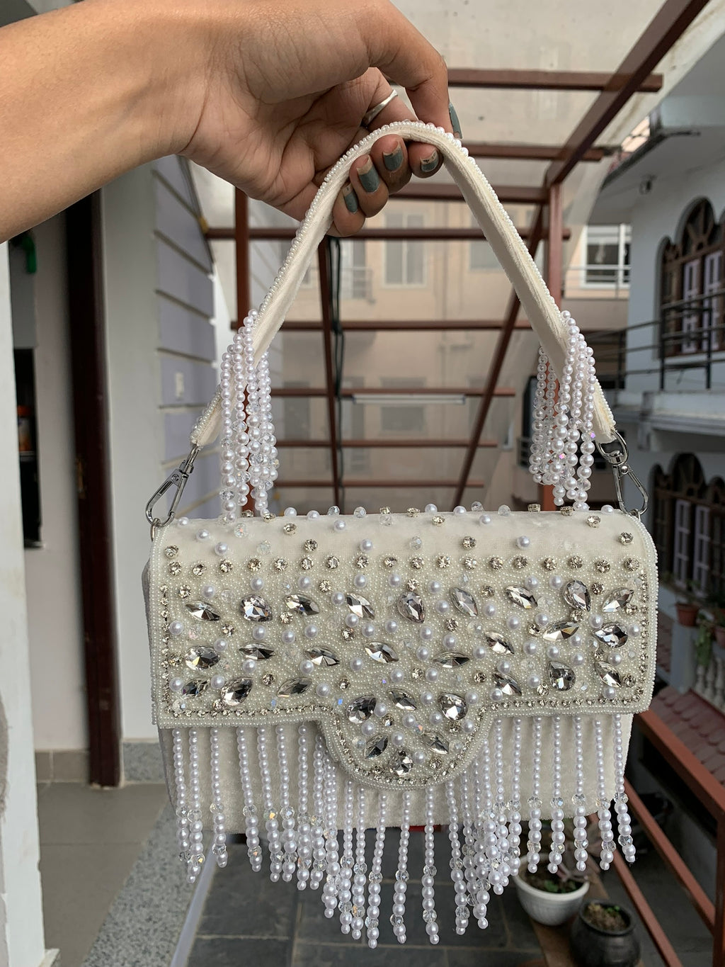 Crystal Pearl Fringe Clutch