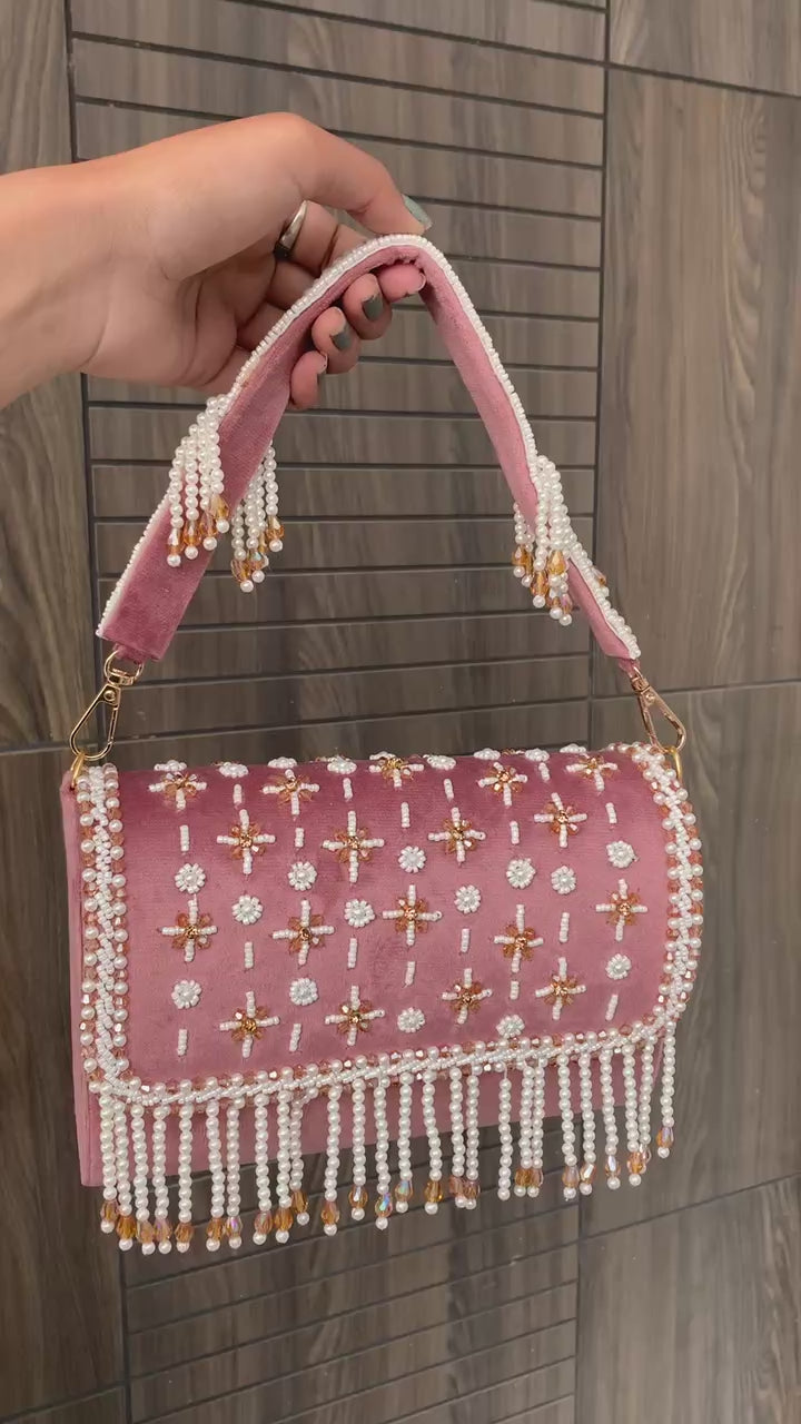 Velvet Pearl Fringe Clutch