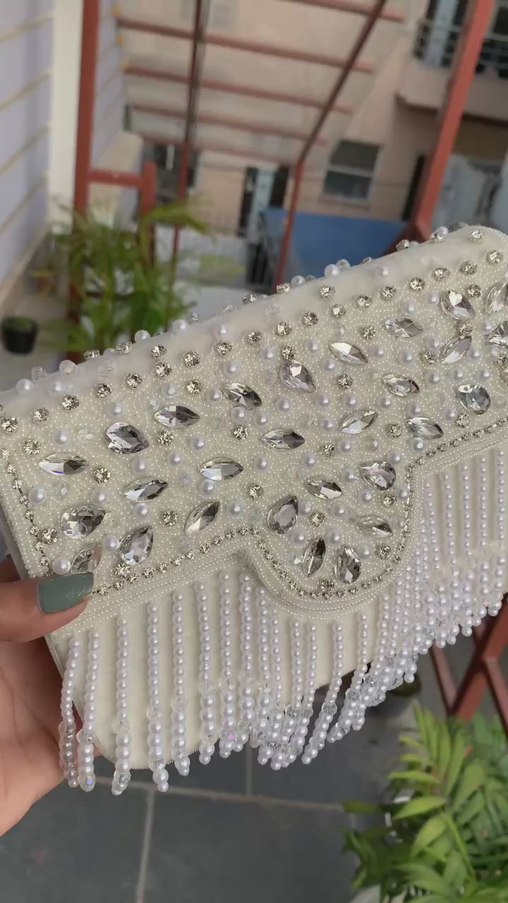 Crystal Pearl Fringe Clutch