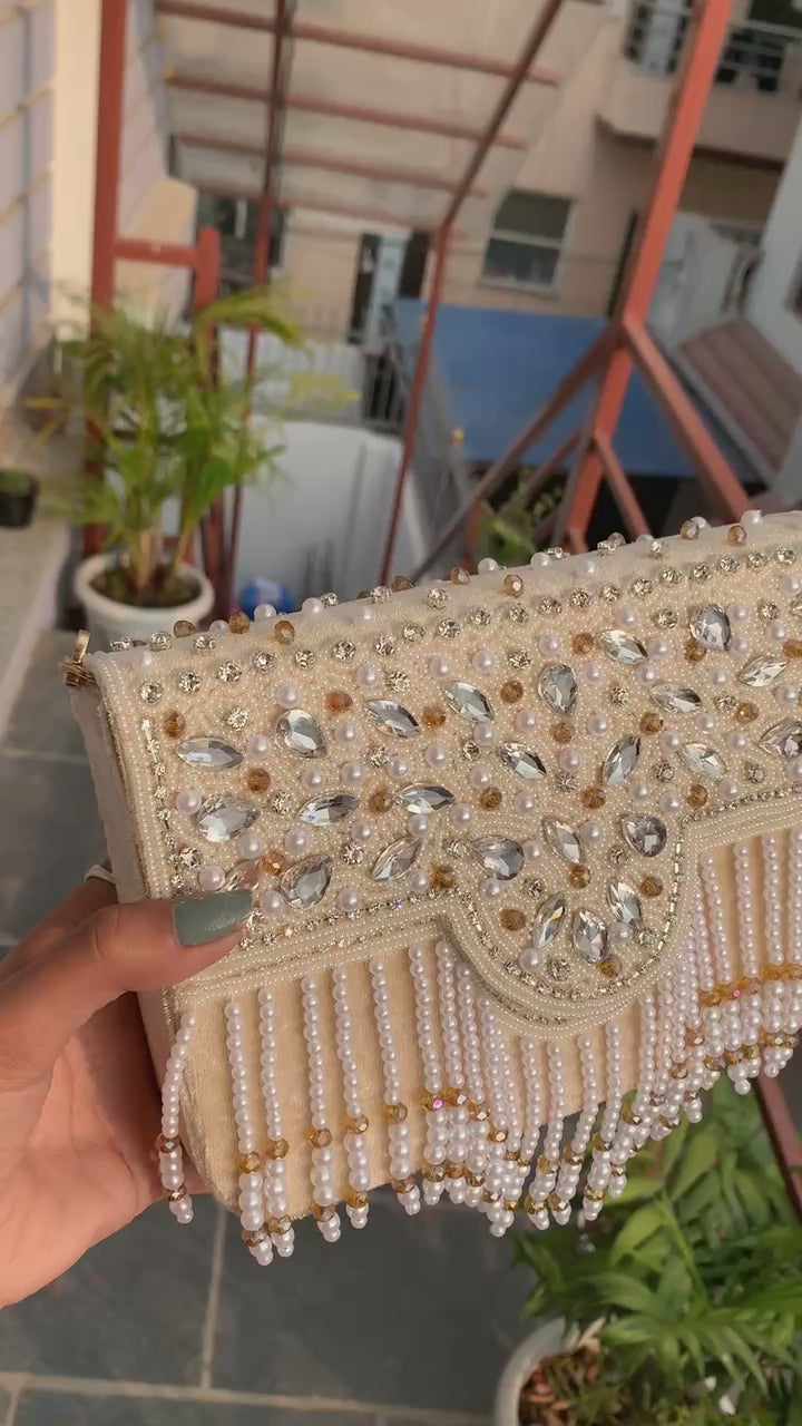 Crystal Pearl Fringe Clutch
