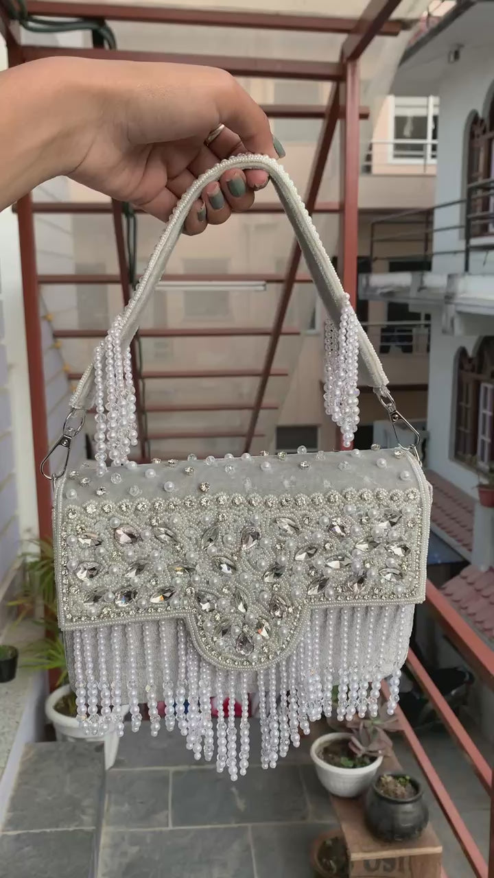 Crystal Pearl Fringe Clutch