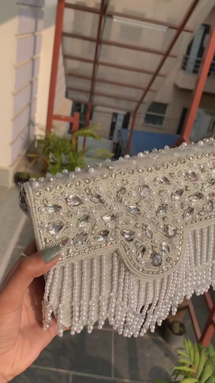 Crystal Pearl Fringe Clutch