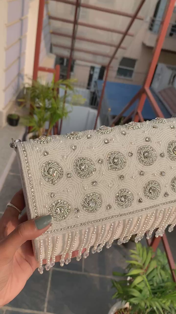 Ivory Pearl Swirl Fringe Bag