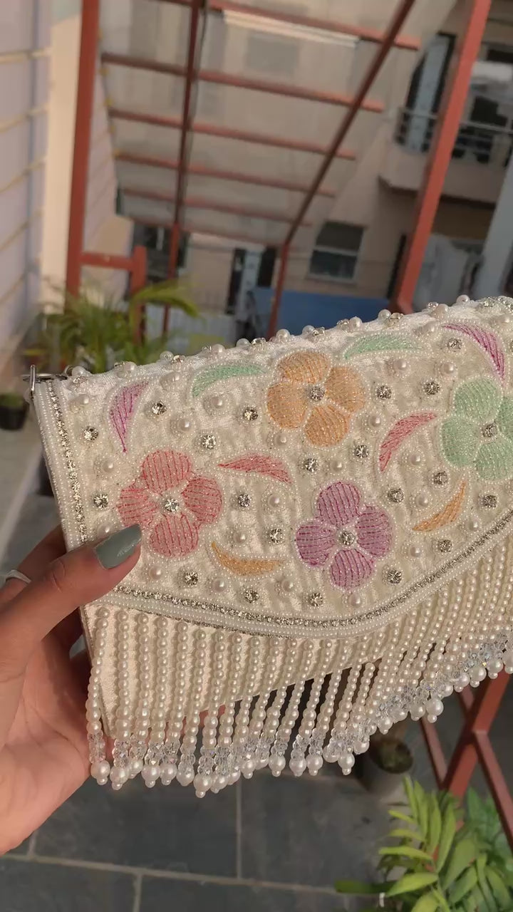Pastel Floral Pearl Fringe Bag