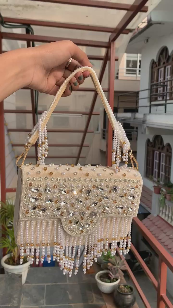 Crystal Pearl Fringe Clutch