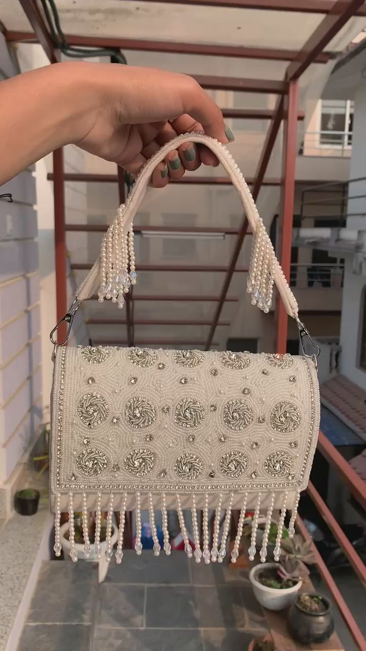 Ivory Pearl Swirl Fringe Bag