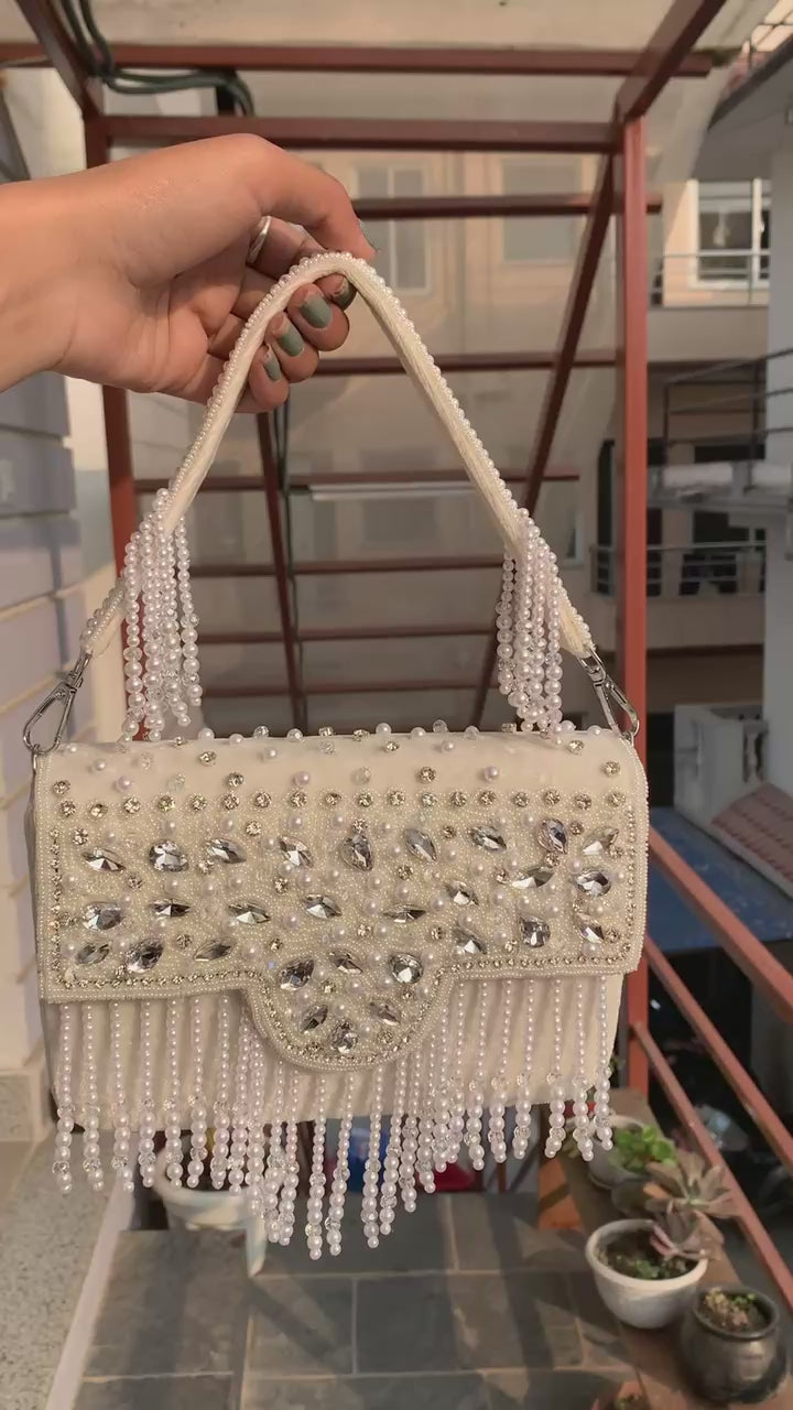 Crystal Pearl Fringe Clutch