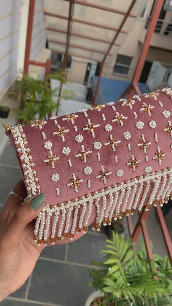 Velvet Pearl Fringe Clutch