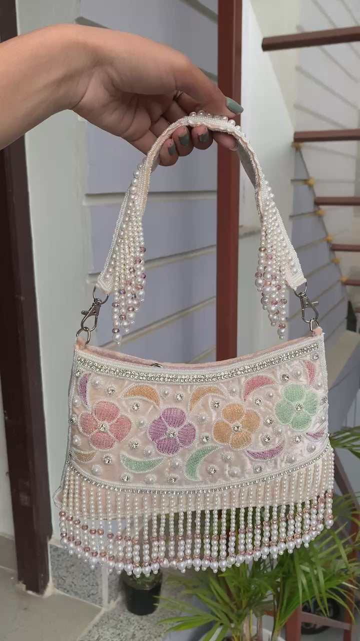 Pastel Floral Pearl Fringe Bag