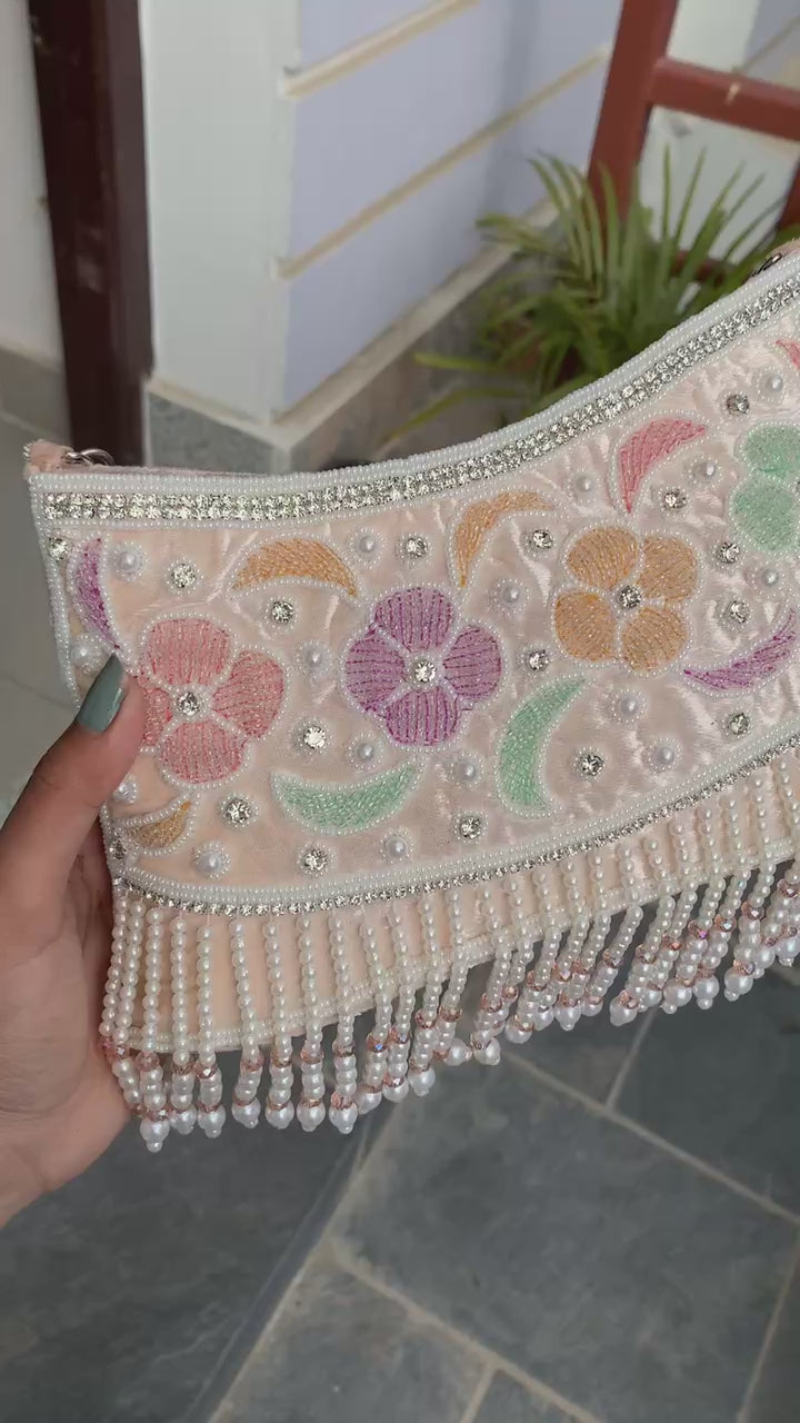 Pastel Floral Pearl Fringe Bag