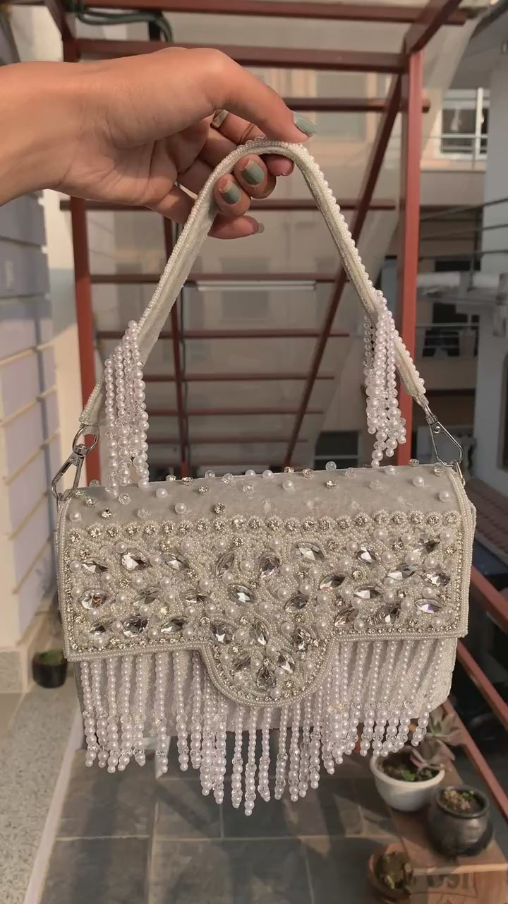 Crystal Pearl Fringe Clutch