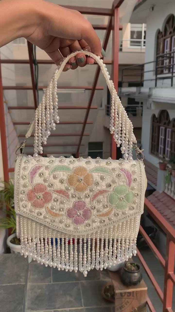 Pastel Floral Pearl Fringe Bag