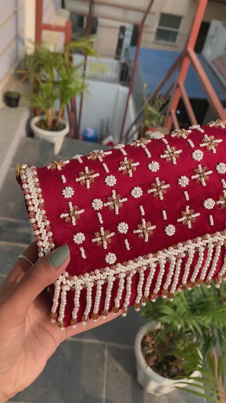 Velvet Pearl Fringe Clutch