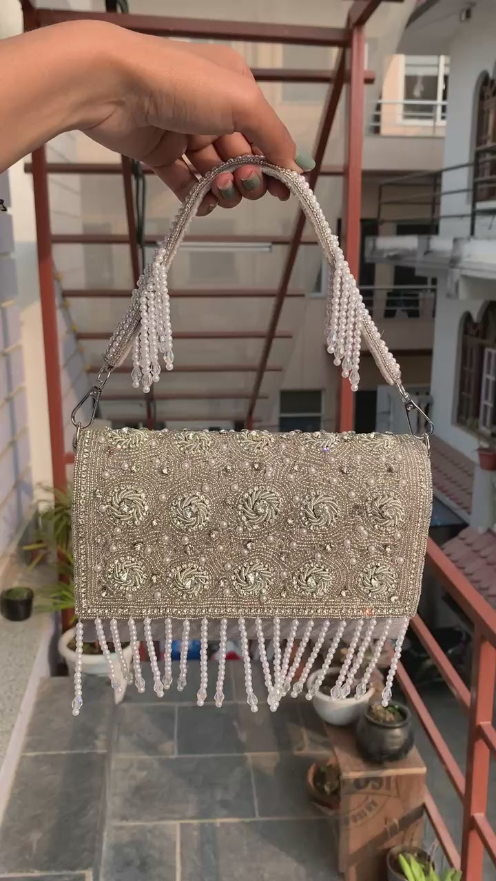 Ivory Pearl Swirl Fringe Bag