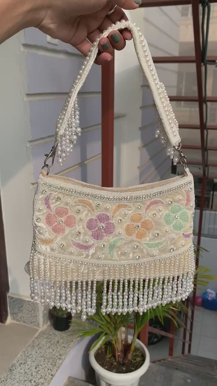 Pastel Floral Pearl Fringe Bag