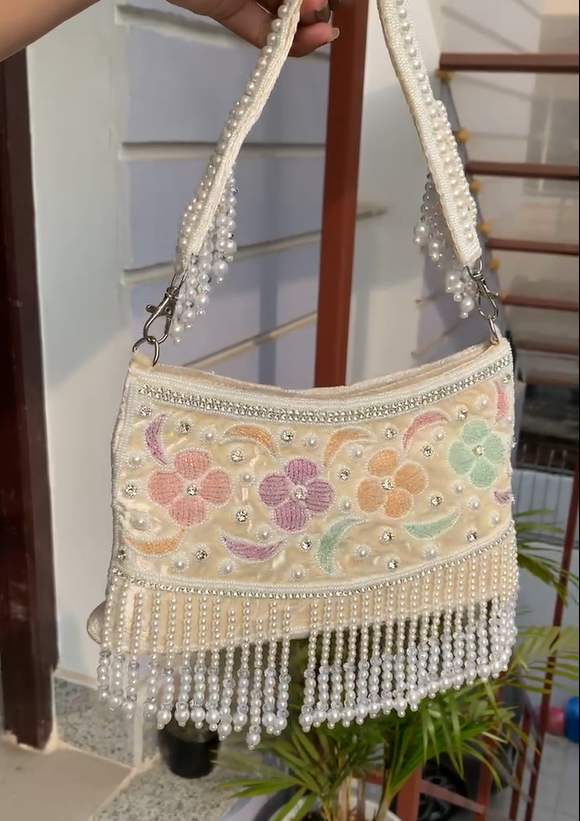 Pastel Floral Pearl Fringe Bag